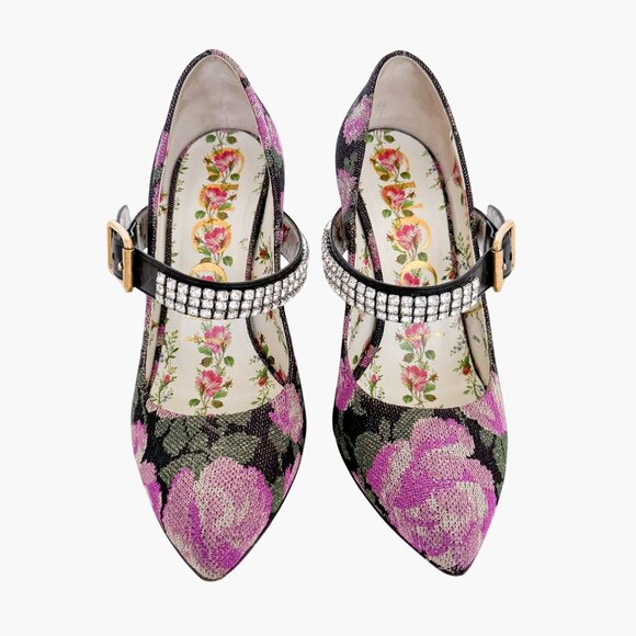 Gucci Sylvie Crystal Mary Jane Pump EU 36.5 US 6.5 Purple Floral High Heel - Picture 2 of 14
